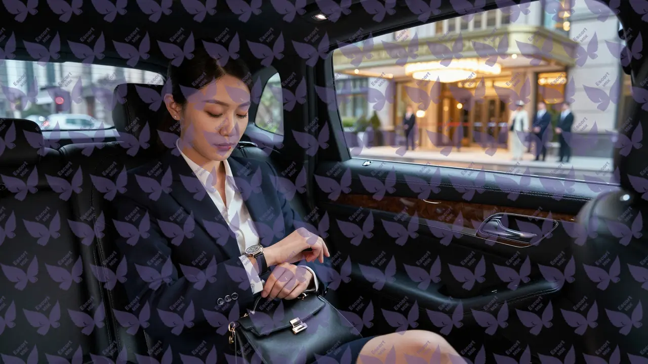 Эскорт-сопровождающая в роскошной машине готовится к корпоративному мероприятию.