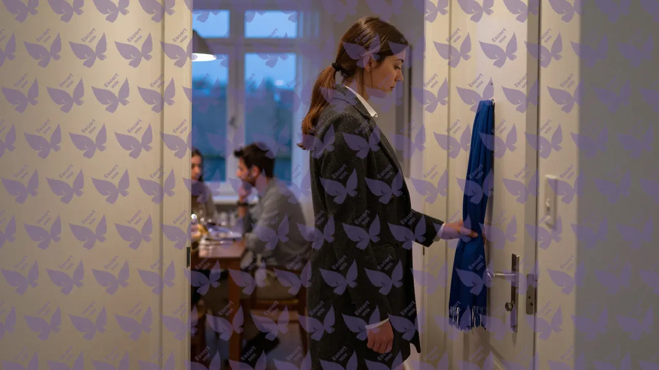 Личный менеджер стучится в дверь, рядом висит синий шарф, за окном &mdash; вечер.