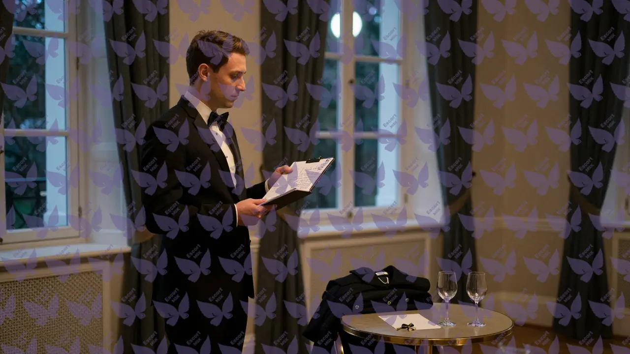 Эскорт пишет отчёт в пустой комнате после вечеринки, подчеркивая невидимую работу, которая делает события идеальными.