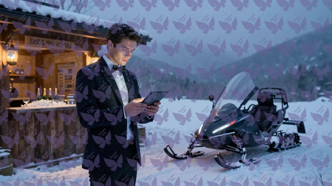 Мужчина-эскорт-модель у тёплого снегоката в Аспене, на снегу &mdash; шампанское и гриль, вокруг &mdash; тьма и тишина.