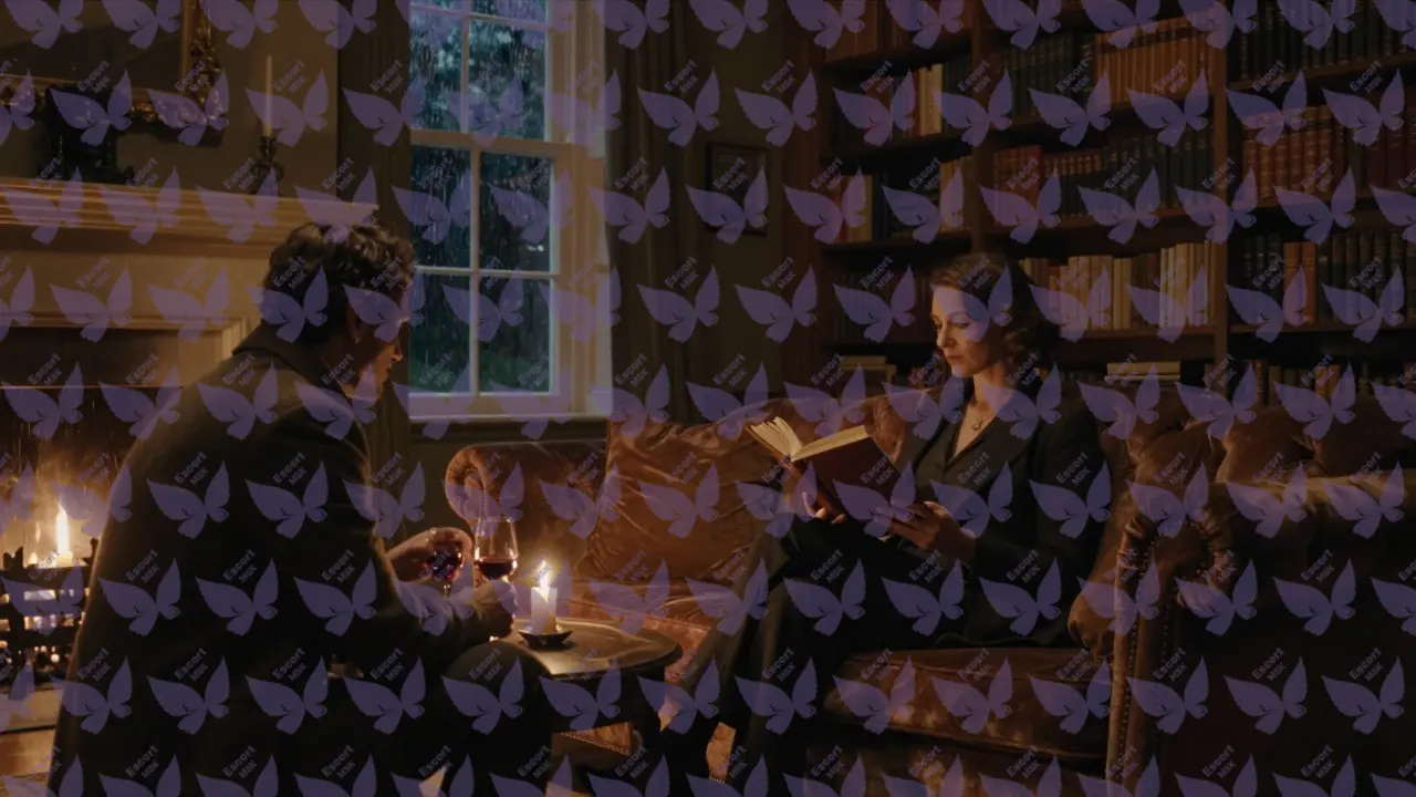 Интимный вечер в библиотеке: женщина читает вслух у камина, мужчина слушает в кресле.