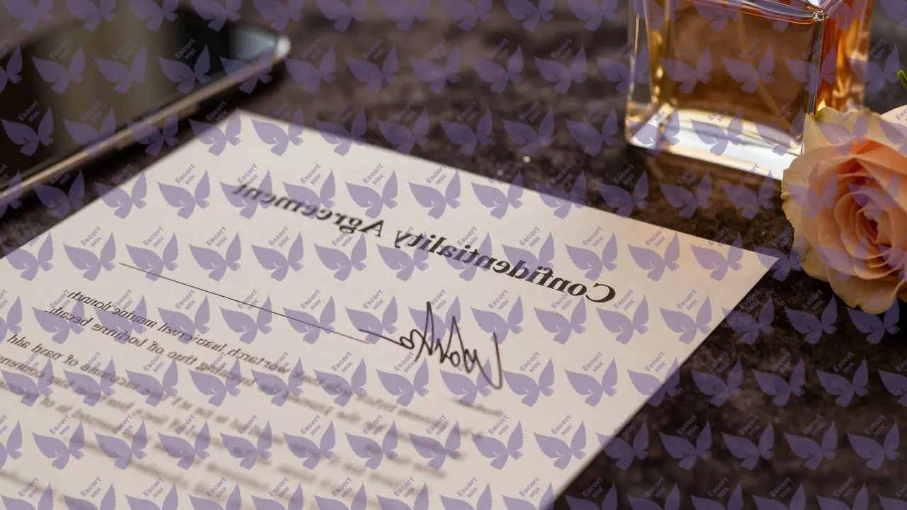 Рука подписывает документ NDA рядом с розой и парфюмом в тёплом свете.