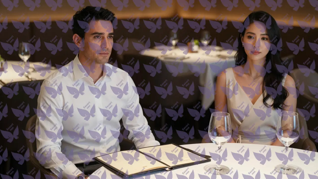 Мужчина в неформальной одежде и женщина в платье сидят за столом, на котором нет еды &mdash; акцент на внимании, а не на заказах.