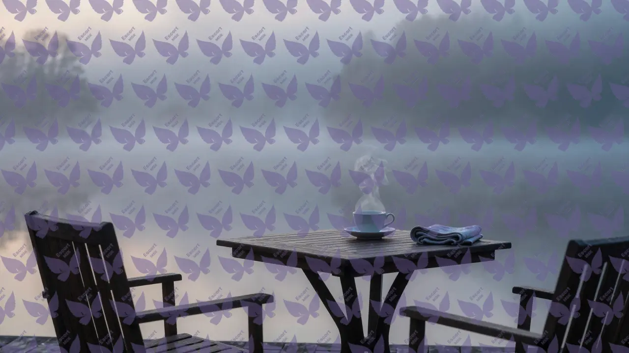 Пустая терраса на рассвете с чашкой чая и сложенной салфеткой &mdash; атмосфера тихого присутствия.