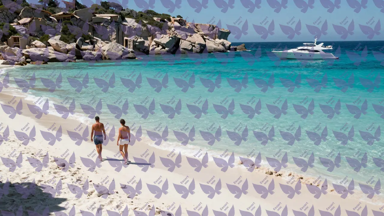 Уединённая бухта в Сардинии с белым песком и прозрачной водой, яхта на горизонте.