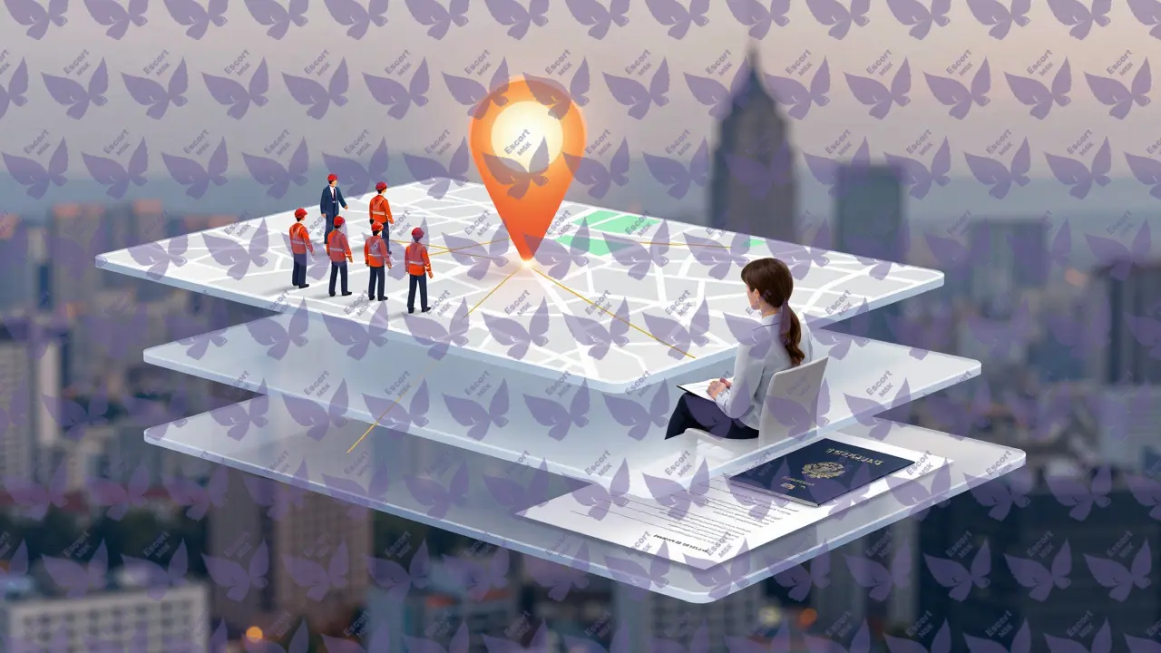 Три прозрачных слоя: документы, психологическая поддержка и геолокация, символизирующие безопасность.