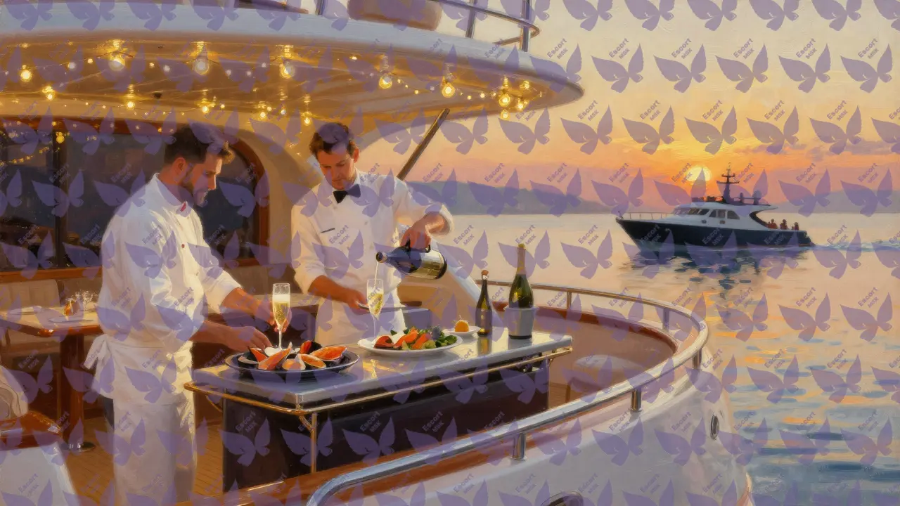 Декоративная вечерняя сцена на палубе яхты с барменом и шеф-поваром на Французской Ривьере.