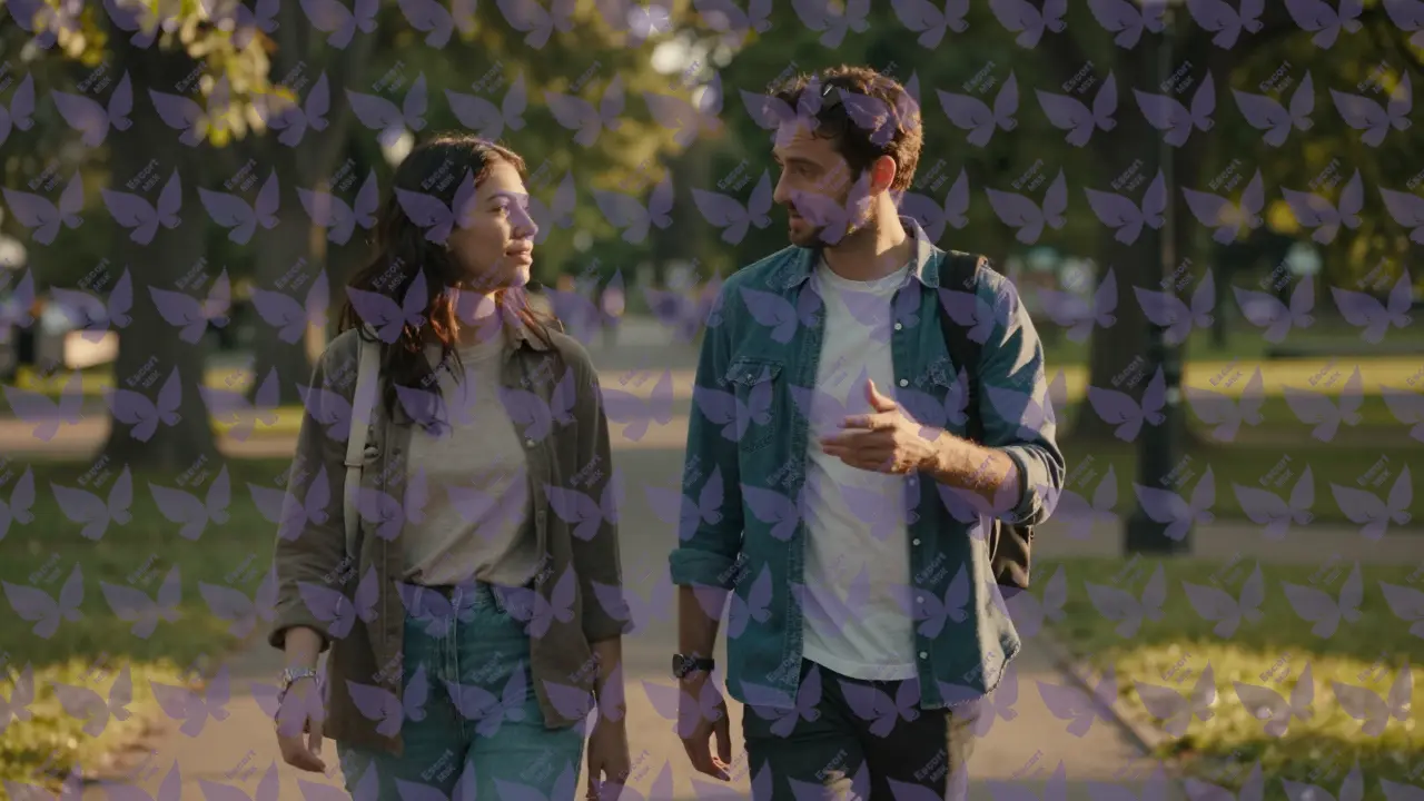 Два человека спокойно гуляют по парку, ведут искренний разговор.