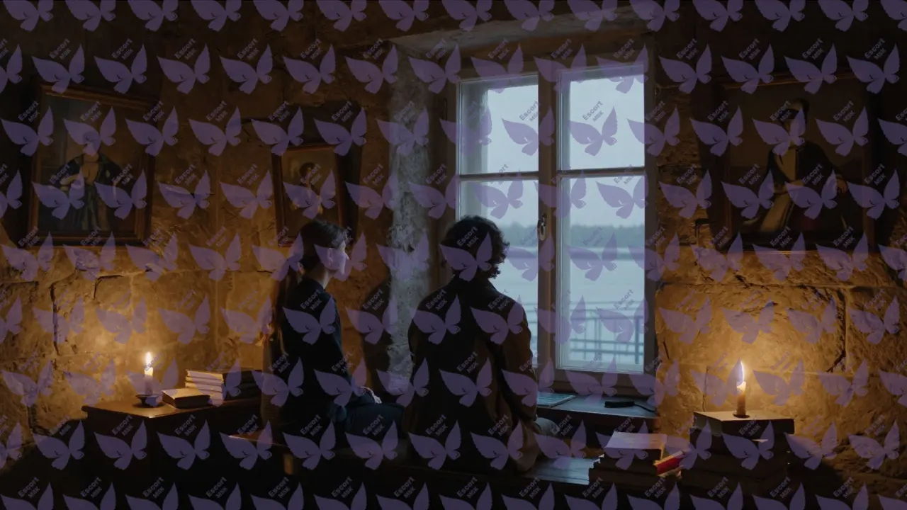 Два человека в тишине в Академии художеств, свет свечей на старых стенах, взгляд к окну с видом на Неву.