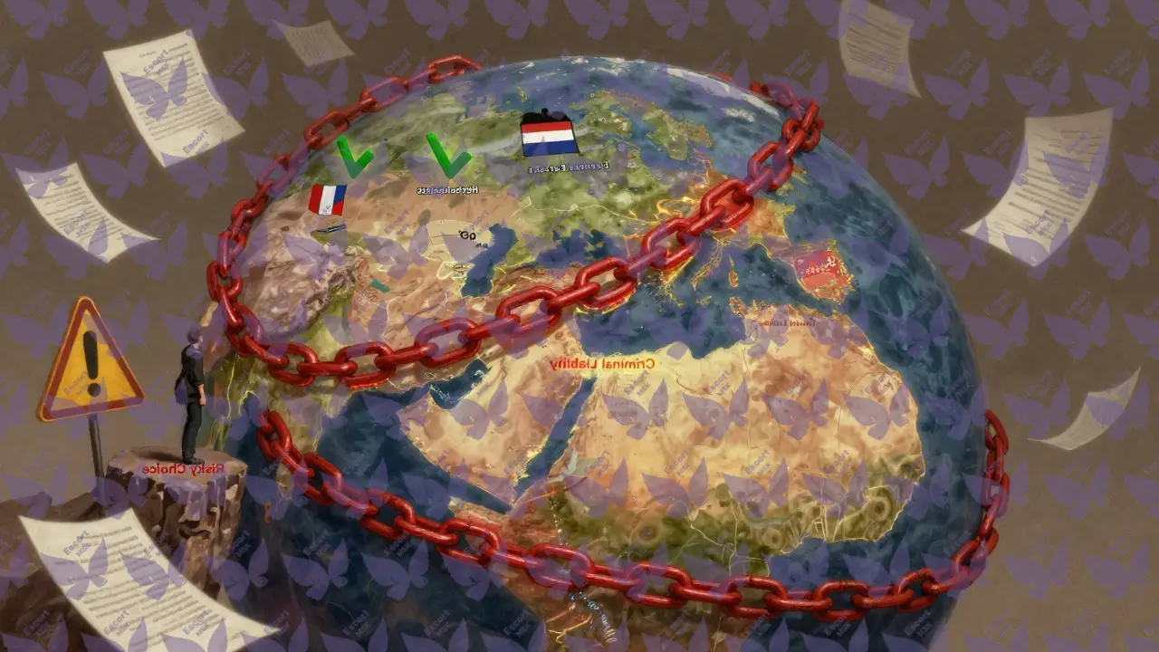 Глобус с красными цепями вокруг опасных стран и зелёными метками в Европе, путешественник стоит на краю пропасти.