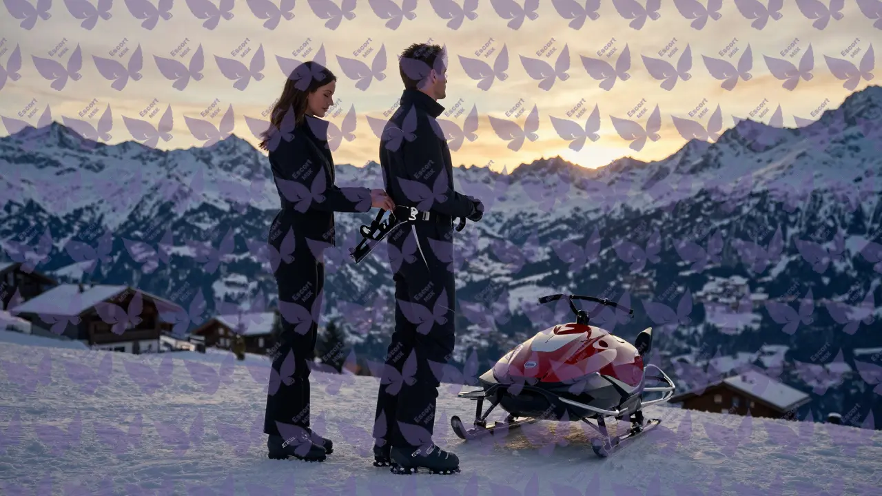 Мужчина в лыжной экипировке в Швейцарии, эскорт-модель настраивает его лыжи, вокруг &mdash; безлюдные горы и утренний свет.