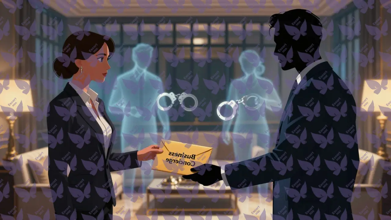 Мужчина передаёт женщине конверт с надписью 'Бизнес-ассистент', а позади них туманные силуэты наручников.