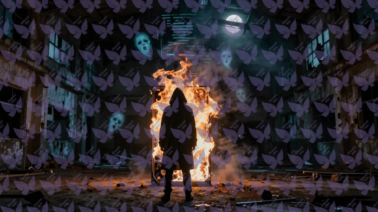 Горящий жесткий диск, из которого исчезают цифровые следы клиентов в дыму.