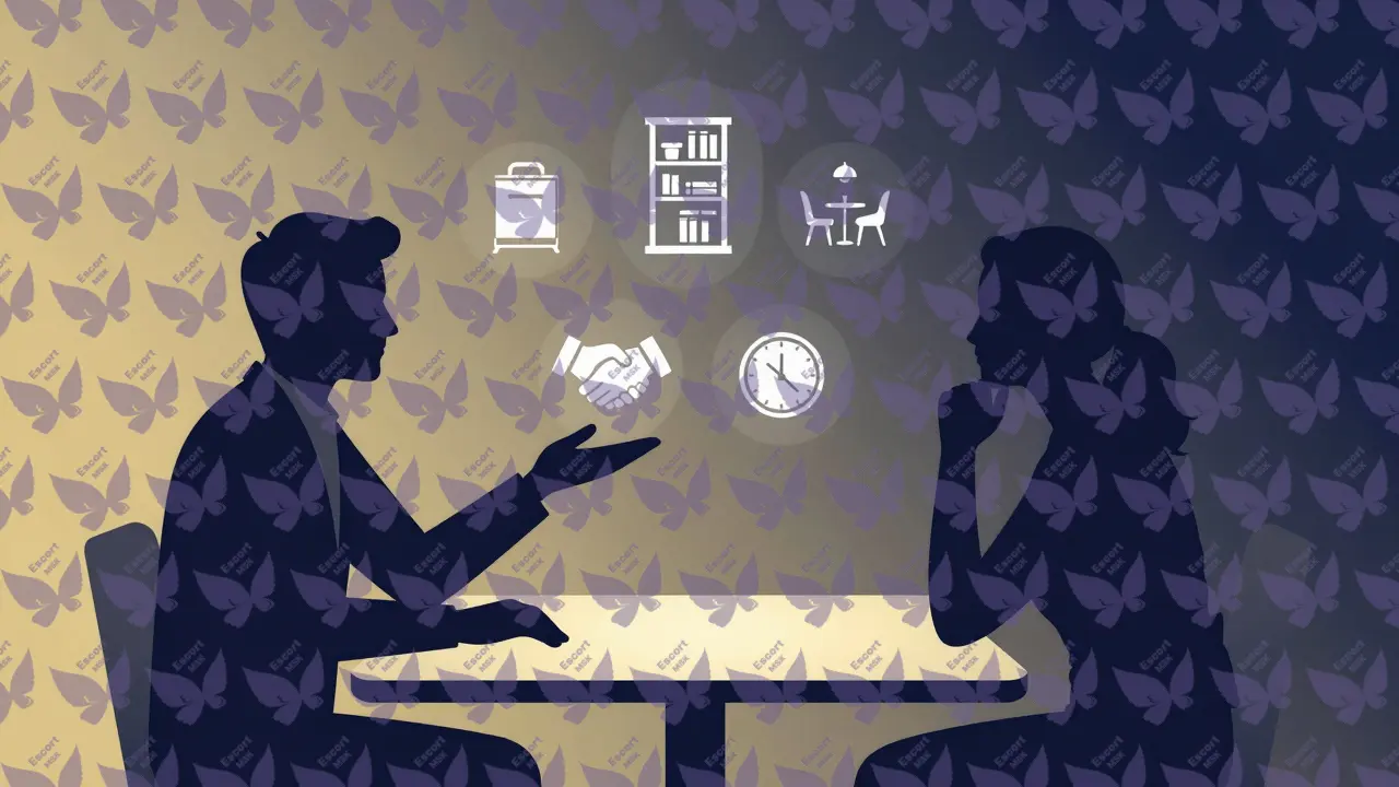 Абстрактные силуэты клиента и менеджера обмениваются уважением через символы: кафе, книгу, часы и рукопожатие.