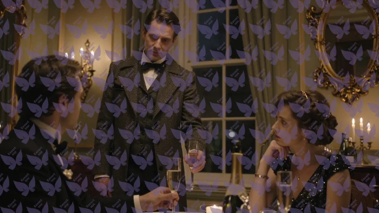 Эскорт в викторианском стиле предлагает напиток застенчивому гостю на закрытой вечеринке, сохраняя деликатное присутствие.