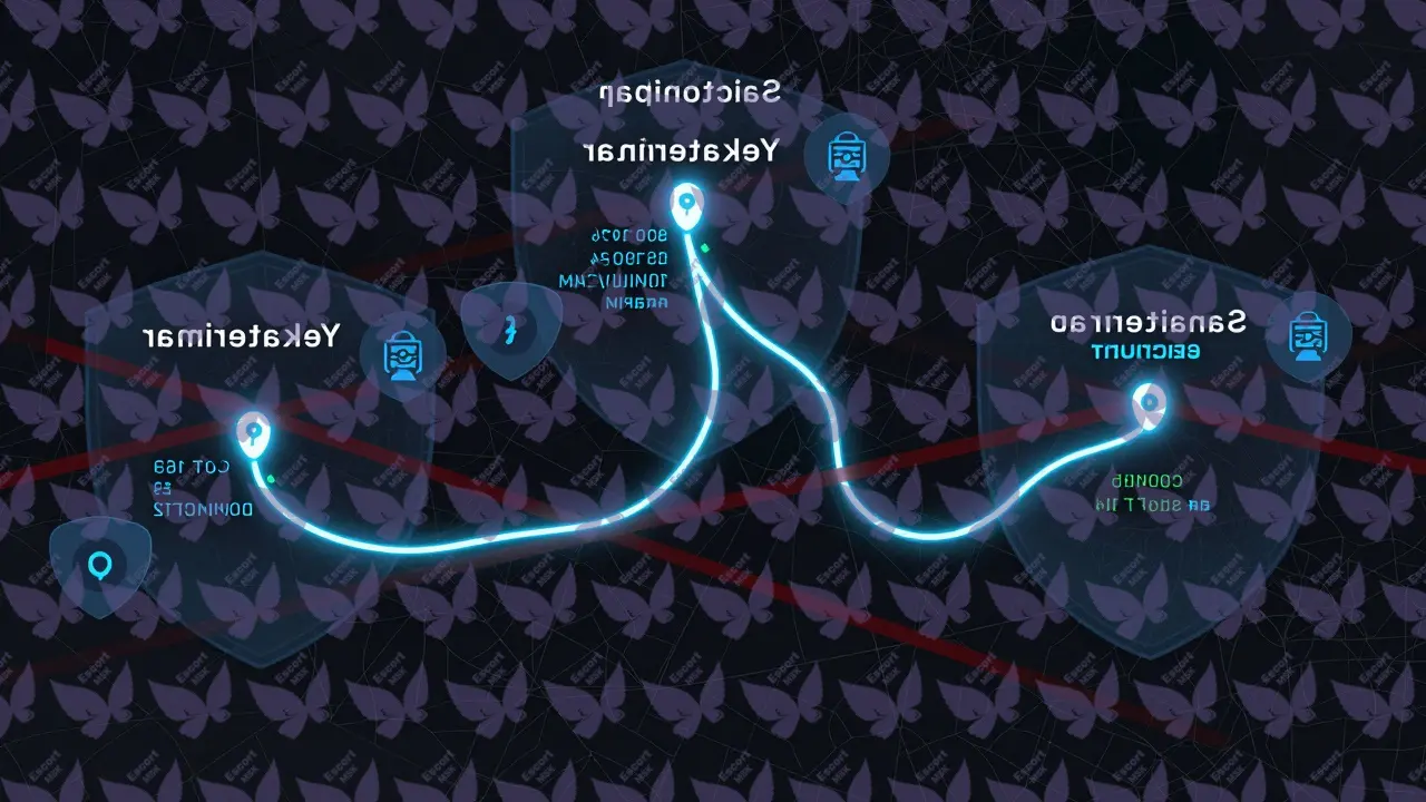 Цифровая карта России с трассами безопасных выездов, окруженная символами защиты: трекеры, кодовые фразы и альтернативные маршруты.