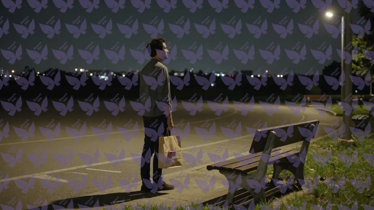 Мужчина стоит у скамейки в парке ночью, держит простой подарок, выражение лица &mdash; искренняя благодарность и спокойствие.