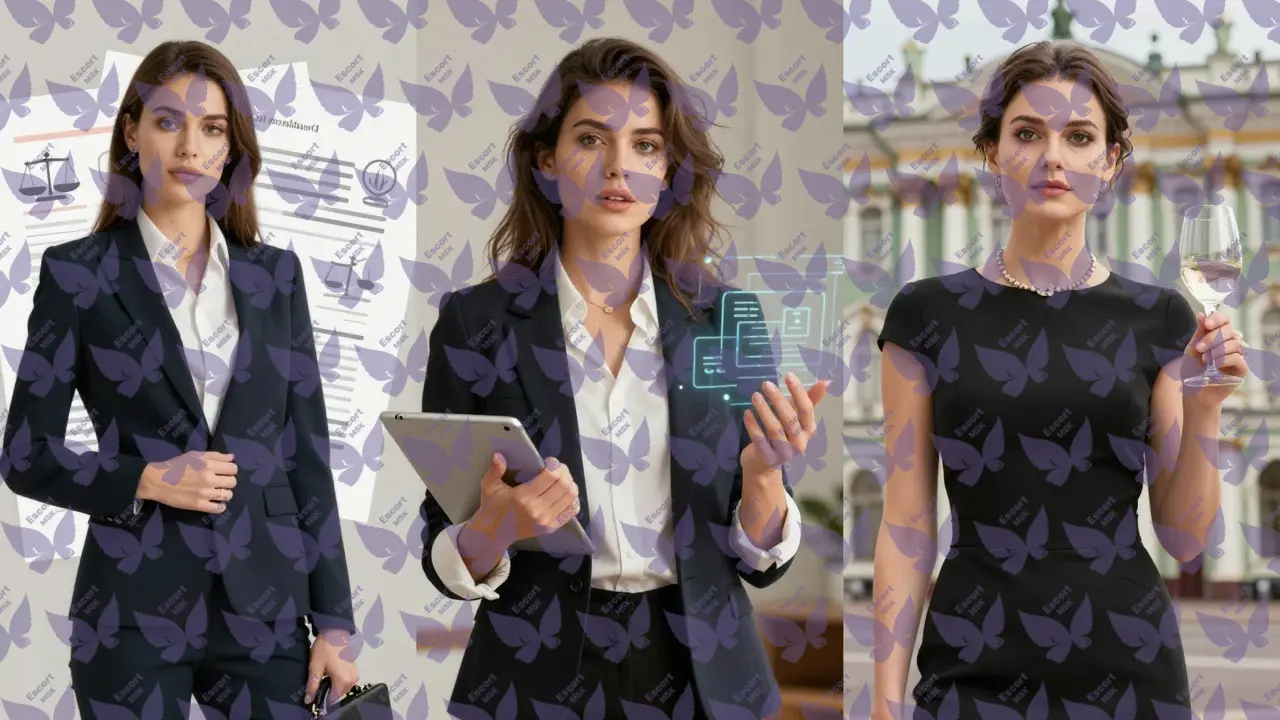 Три типа бизнес-эскорт-специалисток: классическая, современная и экспертная, в стиле editorial-фотографии.