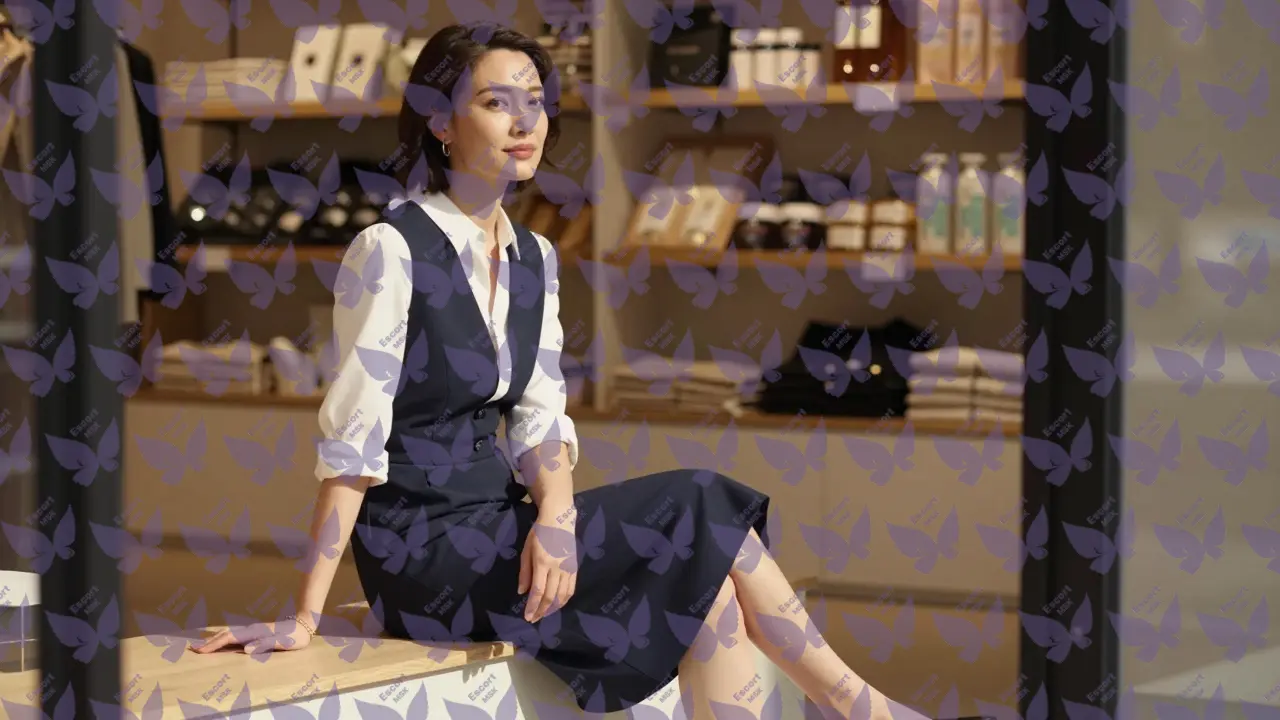 Женщина в скромном платье и белой блузке с небольшими украшениями в спокойной бутик-обстановке.