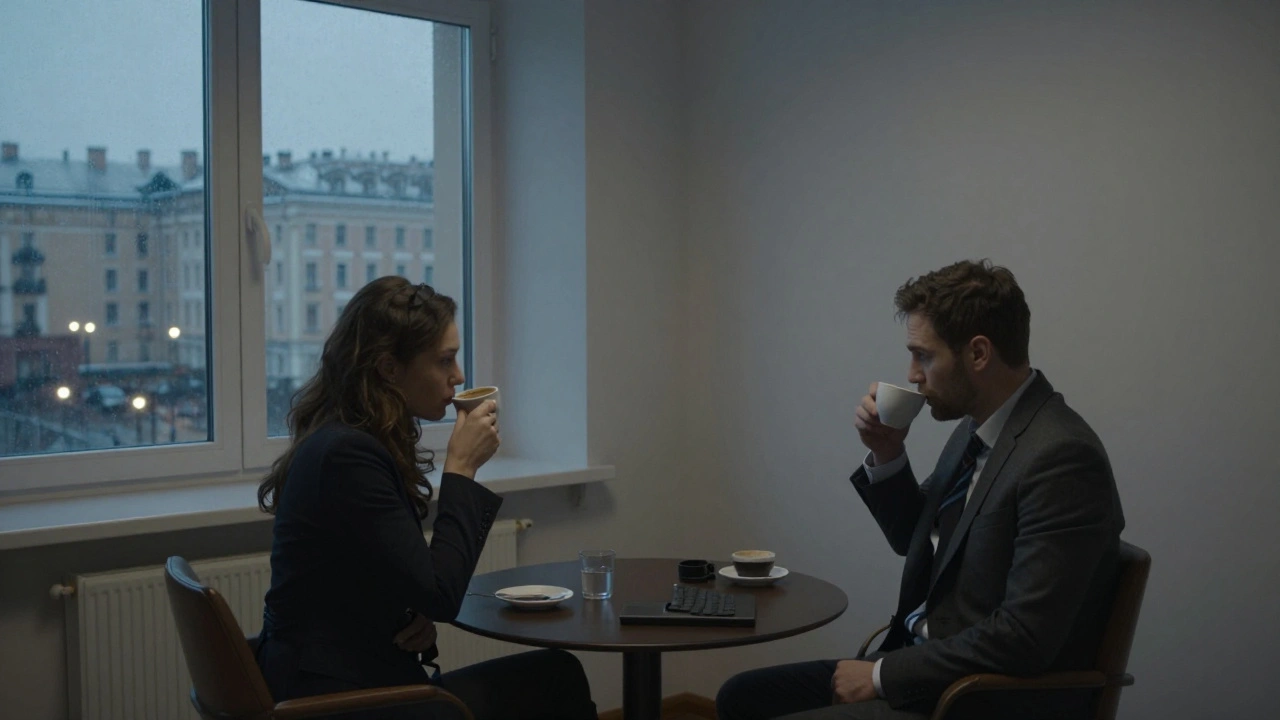 Девушка и мужчина в костюме молча пьют кофе в офисе, напряженная атмосфера.