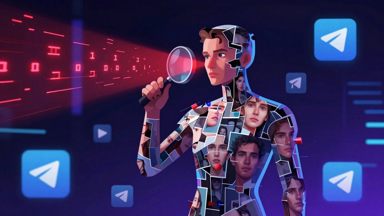 Фигура из сливающихся AI-лиц в цифровом пространстве, сканируемая красным лучом обнаружения.