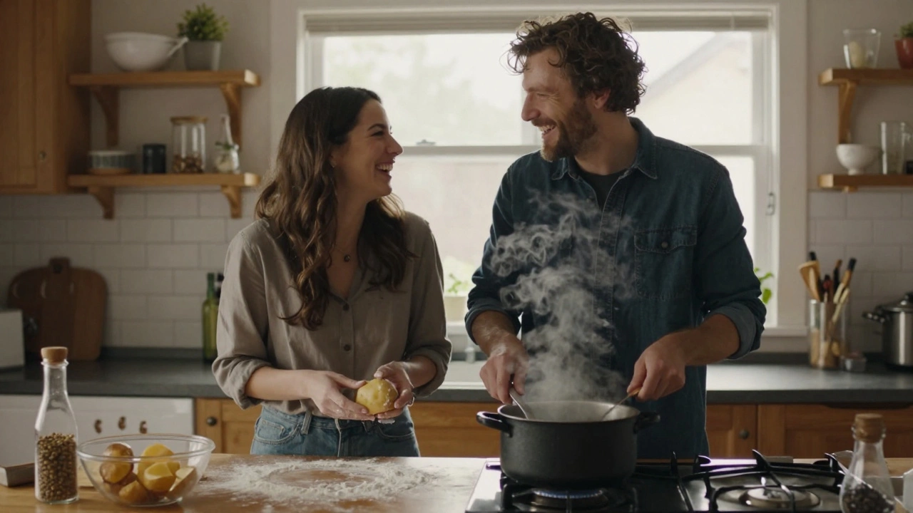 Мужчина и женщина готовят вместе на кухне, смеются, вокруг — повседневная атмосфера, без флирта, только искренность.