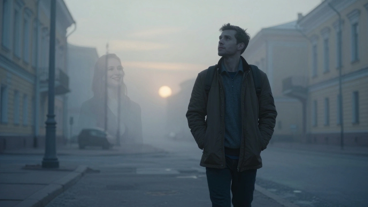 Мужчина идёт по утреннему городу, за ним — едва видимый силуэт женщины, символ его внутреннего чувства поддержки и неодиночества.
