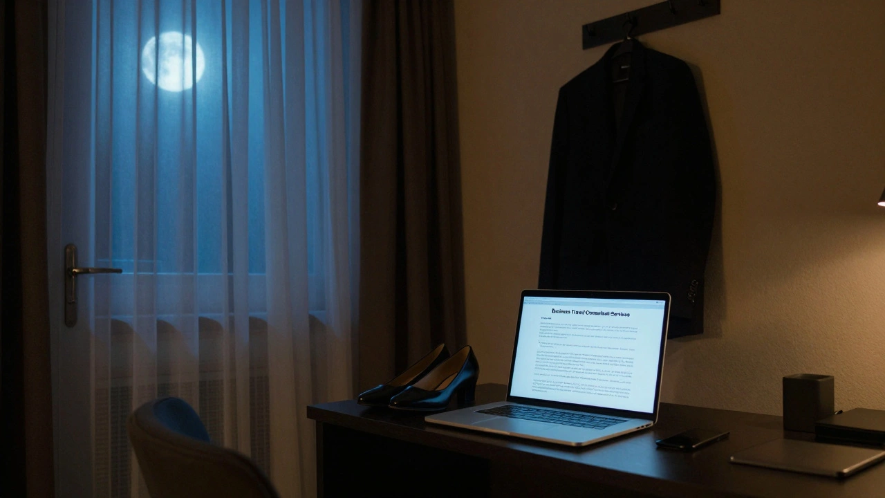 Ночь в отеле: открытый ноутбук с договором, обувь и пальто — никаких романтических предметов.
