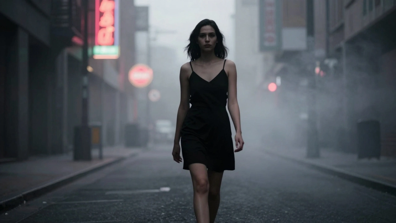 Женщина идет по мокрой улице ночью, пустые руки, туман, одинокая фигура.