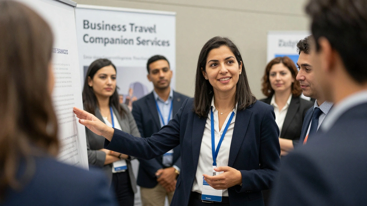 Женщина-консультант помогает бизнесменам на выставке, выглядит уверенно и профессионально.